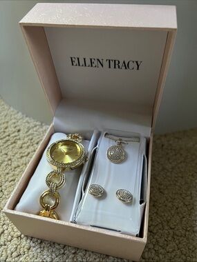 Ellen Tracy Gold-Tone Crystal Watch and Jewelry Set